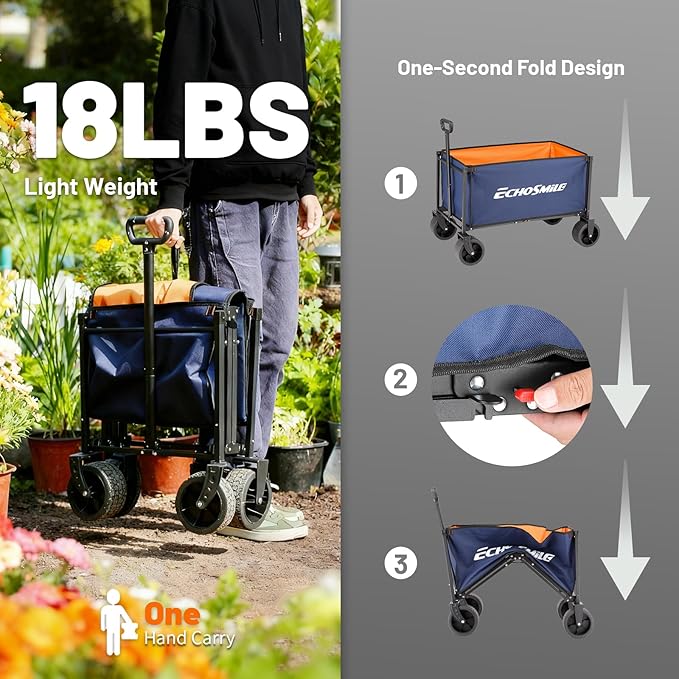 EchoSmile Collapsible Wagon Cart for Camping & Beach - Heavy Duty 400lbs Capacity All-Terrain Cart with Wide Wheels, Portable Folding Utility Wagon for Grocery, Garden, Sports,Blue&Orange