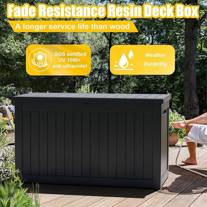 280 Gallon Resin Deck Box, Lockable Outdoor Storage Box for Patio Cushions Storage Furniture,Garden Tools, Pool Supplies, Weatherproof and UV Resistant（Black）