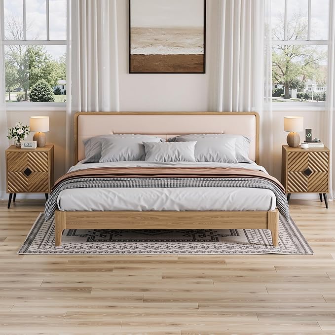Nightstands, Walnut Night Stand with Diamond-Patterned Drawer Decor, Mid Century Modern Nightstand, Bedside Table with Diamond Handle, End Tables Bedroom with Metal Legs, Night Stand for Bedroom