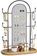 Jewelry Holder Organizer Earring Display - Stands Earring Storage Earring tree Hanger Jewelry Towers Rack with 6 Hooks 300 Stud Holes Wood Tray for Necklaces Bracelets Rings
