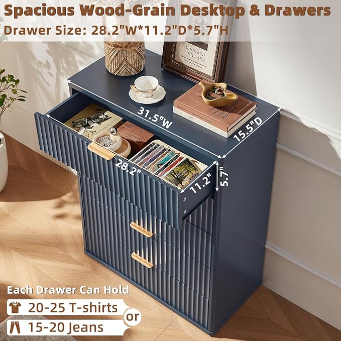 LEYAOYAO Fluted 5 Drawers Dresser for Bedroom Set of 2, 41" Tall Modern Chest of Drawers with Metal Handle, Curved Profile Design,Blue Wood Drawer Organizer for Bedroom, Living Room, Hallway