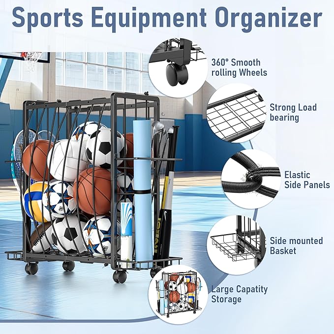 Sports Equipment Garage Organizer,Garage Ball Storage Rack for Sports with Wheels-Upgraded 3 Layers Organizer Rack Outdoor Basketball Racks for Balls with Holder and Hooks (Bright Black)