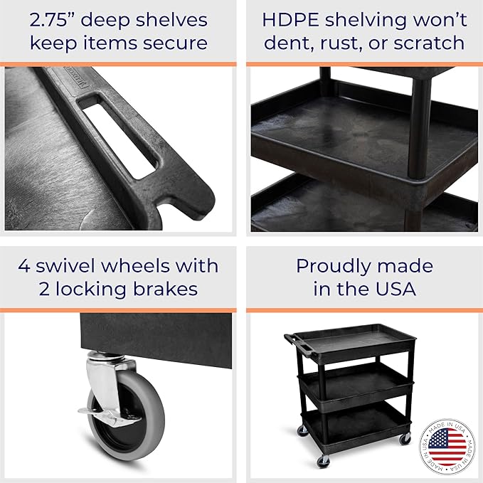 Stand Steady Tubstr Large 3 Shelf Utility Cart | Heavy Duty, Black HDPE & PVC, Holds Up to 300 lbs. | Storage & Rolling Tool Cart for School, Office, Garage & Warehouse