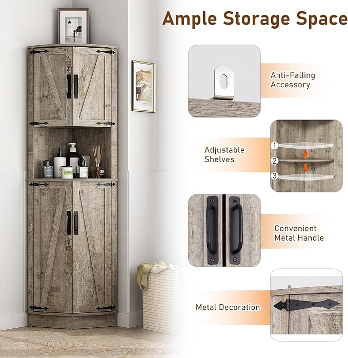 68" Tall Farmhouse Corner Cabinet, Dining Room Storage Cabinet with 4 Barn Doors and 5 Level Storage with Adjustable Shelves, for Kitchen, Living Room, Laundry Room, Light Rustic Oak