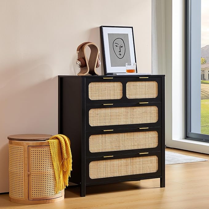 4 Drawer Dresser with Rattan Finish, Modern Farmhouse Chest of Drawers with Metal Handles, Accent Wood Storage Cabinet for Bedroom, Living Room (Black-4 Drawers)