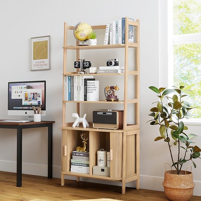 4-Tier Bookshelf, Tall Bookcase with Open Shelf and Sliding Door, 70” Freestanding Storage Organizer Display Cabinet for Living Room, Home Office (Natural)