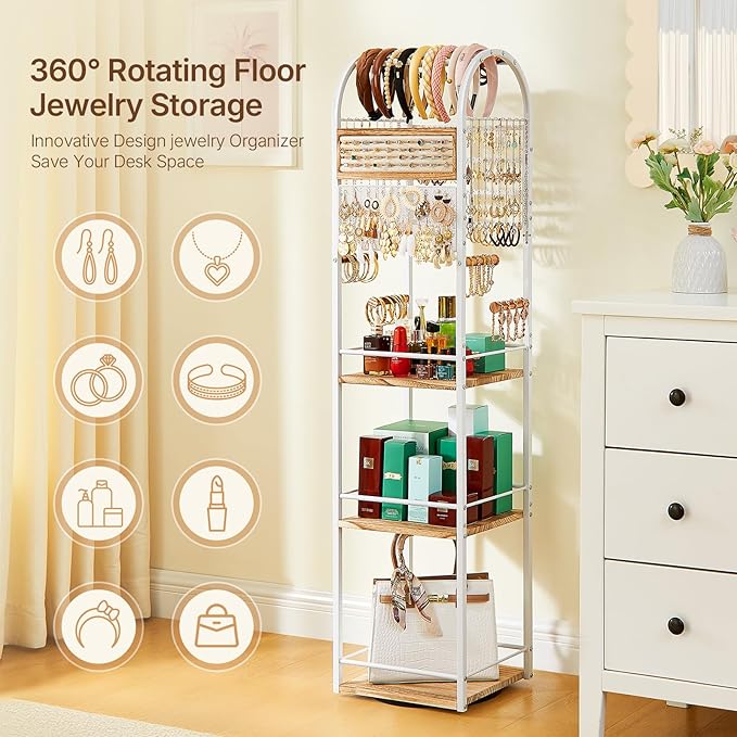Jewelry Organizer Stand, 360° Rotating Floor Jewelry Holder with Earring Organizer Necklace Holder, 3 Floors Large Jewelry Stand Bracelet Ring Organizer, Women Jewelry Tree Organizer