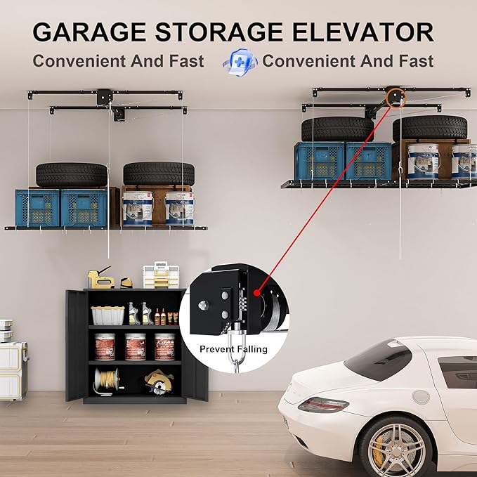 Overhead Garage Storage Rack 4x8 FT, Adjustable Ceiling Lift Storage System for 10–12 FT Ceilings, Heavy-Duty Steel Overhead Shelf with Crank Handle, Safety Lock, 325 lbs Capacity