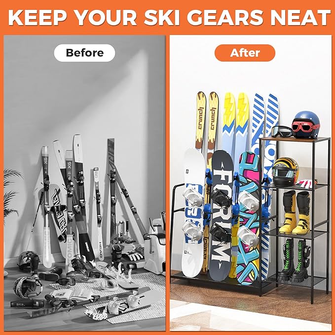 Freestanding Snowboard Rack, 4 Pair Ski, 3 Pack Snowboard, Boot, Pole, Goggles, Snowboard Gear, Ski Rack for Garage