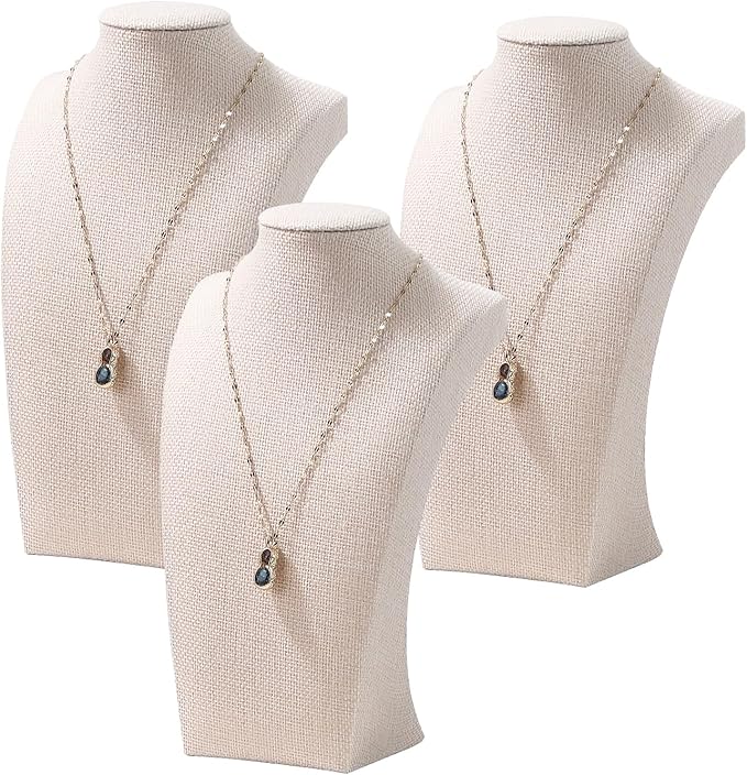 3Pcs Necklace Bust Stand for Selling, Linen Necklace Display Holder, Jewelry Necklace Organizer Rack for Shop Store Exhibition Show (9" Height)