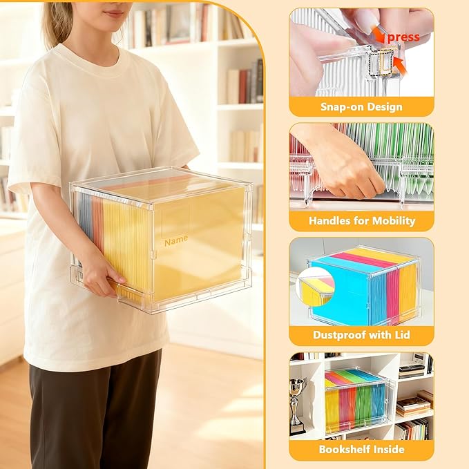 File Organizer Box with Lid,Hanging Filing Folder Organizer for Document Storage with Plastic Slide,Letter-size File Holder Filing Box for Office/Home/Decor/（3Pack）