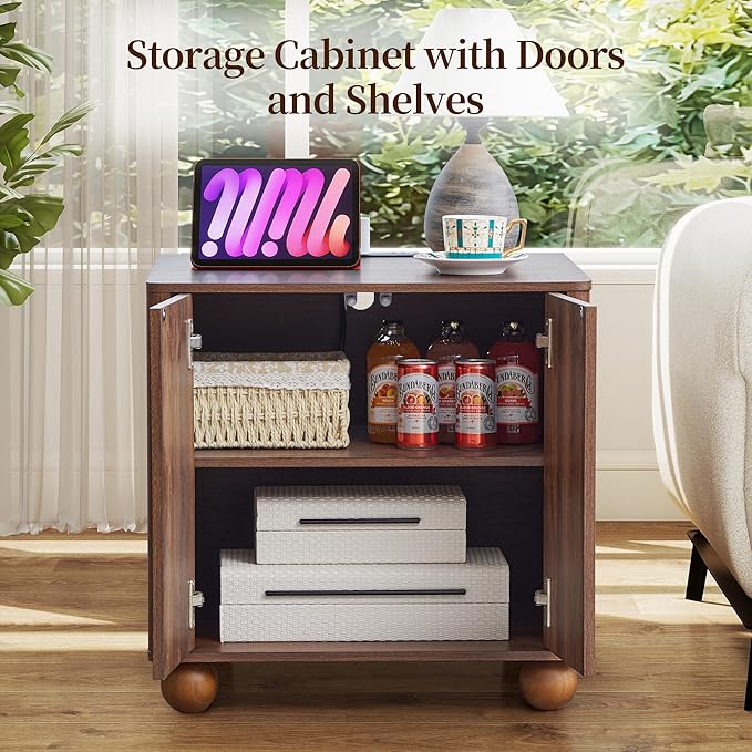 Bed Side Table with Charging Station, Mid Century Modern Nightstand with 2 Doors, Square End Table with Storage for Couch,Living Room,Small Spaces, Sofa Side Table for Office,Dorm - Walnut