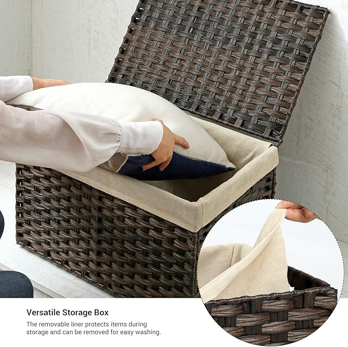 SONGMICS Storage Basket with Lid, Woven Blanket Storage Bin with Handles, Foldable, Removable Liner, Metal Frame, for Bedroom, Laundry Room, 17.2 Gallons (65 L), Brown URST56BR