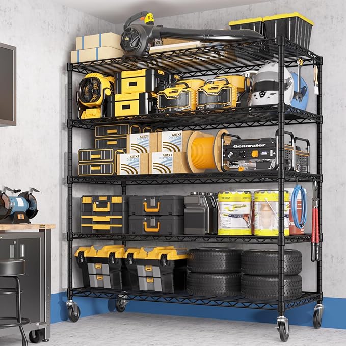 PrimeZone 2 Packs 48" W x 24" D x 81" H Heavy Duty Wire Storage Shelves with Wheels, 5 Tier Adjustable NSF Certified Garage Shelving Unit, Rolling Metal Organizer Shelf Rack for Warehouse, Pantry