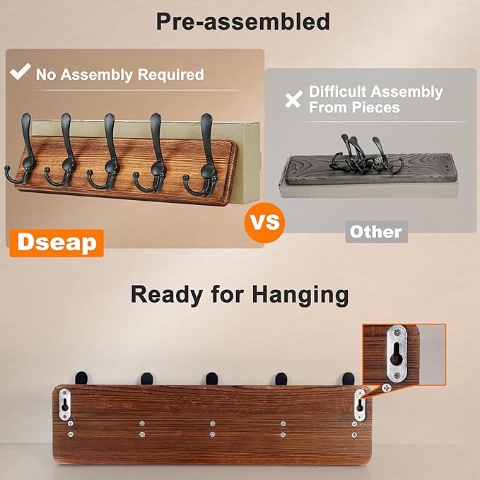 Dseap Coat Rack Wall Mount - Heavy-Duty Robust Barnwood-Style Wooden Wall Coat Hanger Hook Rail with 5 Triple Hooks for Winter Coats Hat Jacket Clothing, Weathered Brown & Black