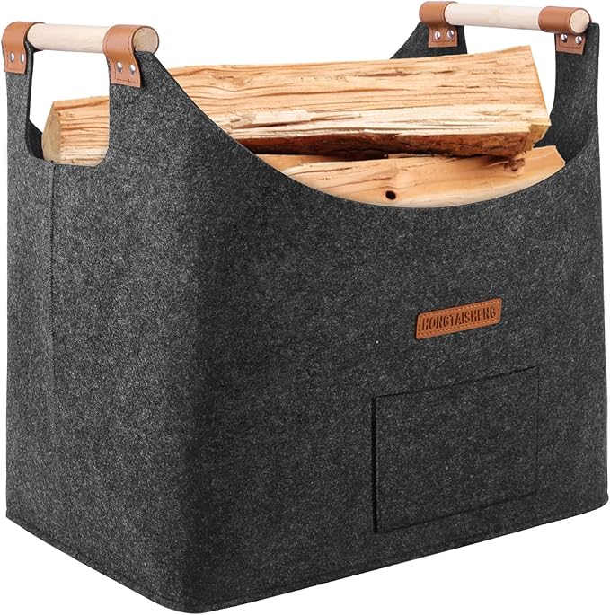 XL 4MM Felt Firewood Carrier | Log Carrier for Firewood | Wood Container with Extra Thick Felt Foldable & Reinforced Handle | Storage Basket for Shopping, Firewood, Logs, Newspaper (BLACK)
