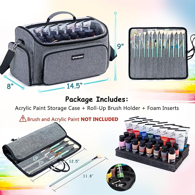 SFYBYHEART Acrylic Paint Organizer Bag with Washable Roll-Up Brush Holder, Large Art Supply Case, Craft Organizer with Foam Inserts for Apple Barrel, Shuttle Art, Caliart Art Supplies Storage Bag