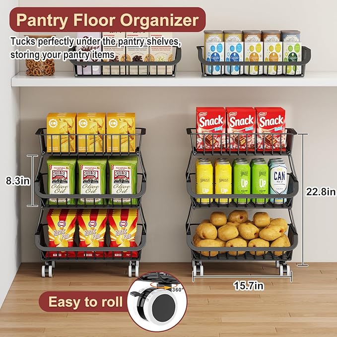 3-Tier Rolling Pantry Cart with Wheels, Stackable Wire Storage Floor Organizer for Kitchen Pantry Snack Shelves, Fruit Basket Stand, Vegetable Storage Rack for Food Snacks Onion Potato, Black, 2 Pack