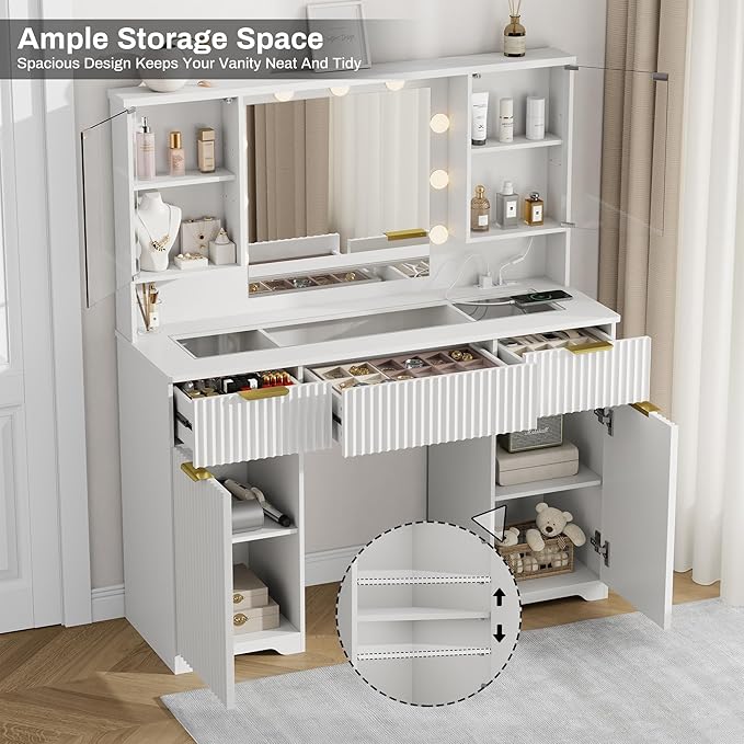 ONME 47.2" Fluted Vanity Desk with Mirror and Lights, Big Vanity with 5 Large Drawers and Adjustable Shelves, Makeup Vanity Table with Glass Top and Charging Station for Women and Girls Bedroom