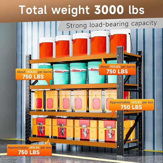 3000LBS Storage Shelves,48" W Garage Shelving Heavy Duty 4 Tier Metal Storage Rack Shelf，Industrial Shelving Adjustable Shelf for Basement Warehouse 48" W x 24" D x 70" H，Black