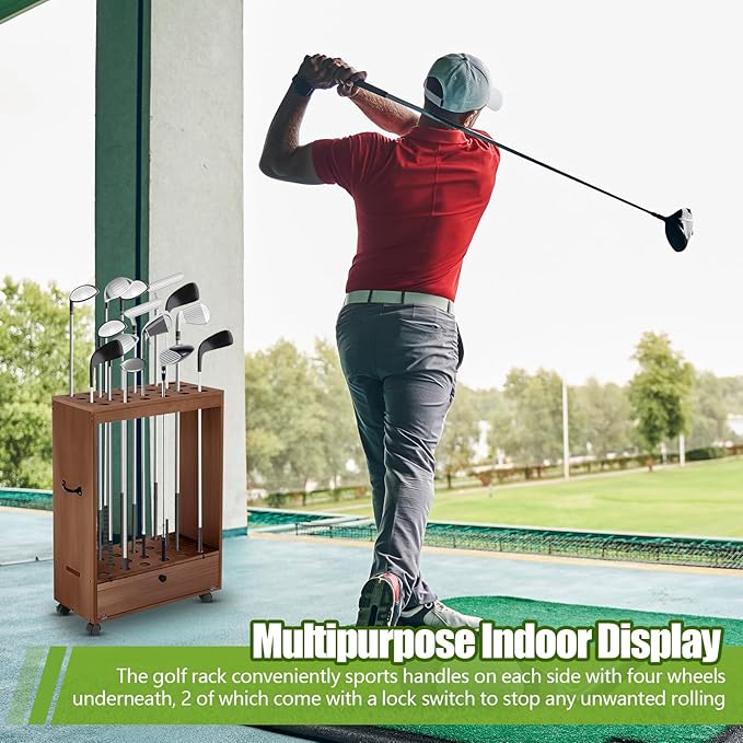 27 Hole Golf Club Stand Holder Wooden Golf Club Organizer Putter Display Rack with Storage Drawer and Wheel for Indoor Home Office Simulator Garage