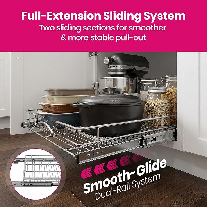 HOLDN’ STORAGE Pull Out Cabinet Organizer, Heavy Duty Caddy w/Lifetime Limited Warranty - 8”W x 21”D - Requires At Least 9-1/4” Cabinet Opening, Steel Metal Cabinet Drawers Slide Out, Chrome