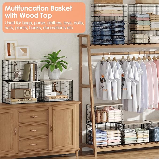 5-Tier Large Stackable Closet Organizer and Storage Basket, Sturdy Closet Shelf Organizer with Wood Top, Stackable Storage Bins Cubes for Clothes with Adjustable Shelf for Wardrobe Organization