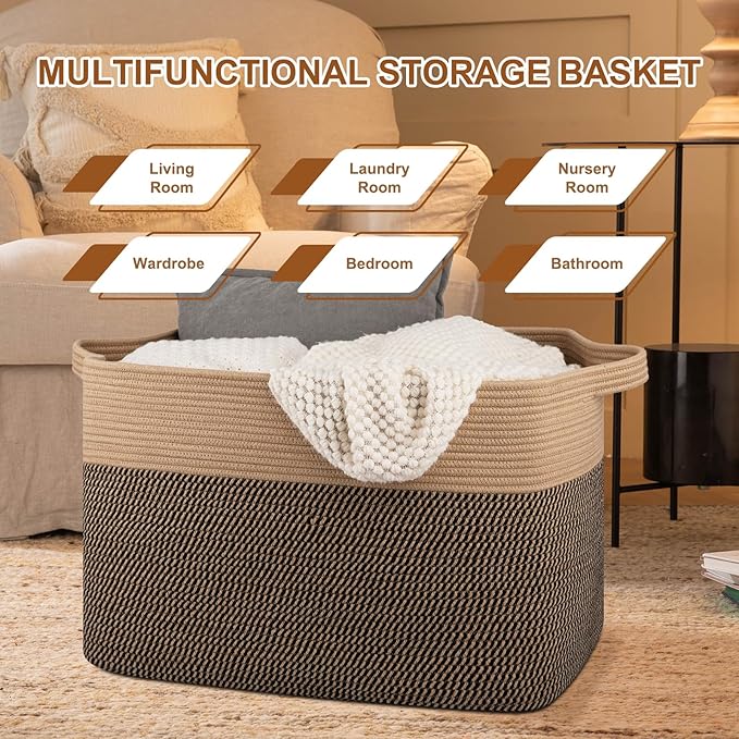 XXXL Supre Large Blanket Basket for Clothes, Towels, Pillows, 108L Cotton Rope Storage Basket for Living Room, Supre Large Woven Toy Storage for Kids, 25" x 16" x 16", Brown and Black