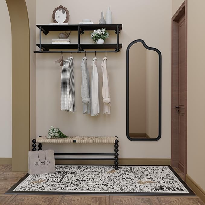 Wall Mounted Clothes Rack 12 Inch Deep, 48 Inch Heavy Duty Garment Rack with Real Black Wood Shelf, Multi-Purpose Hanging Rod & Space-Saving Closet Storage Organizer