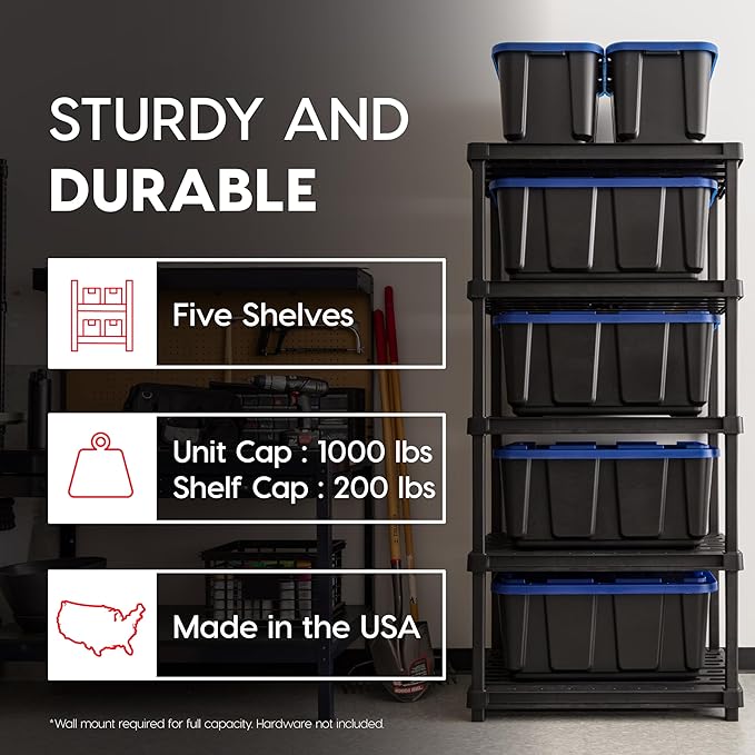 IRIS USA 5-Shelf Extra Heavy Duty Deep Plastic Storage Shelves, 1000lb Capacity, 75" H x 36" W x 24" D, Large Modular Shelving Unit Storage Organizer for Garage, Home, Warehouse & Gym, Rack - Black