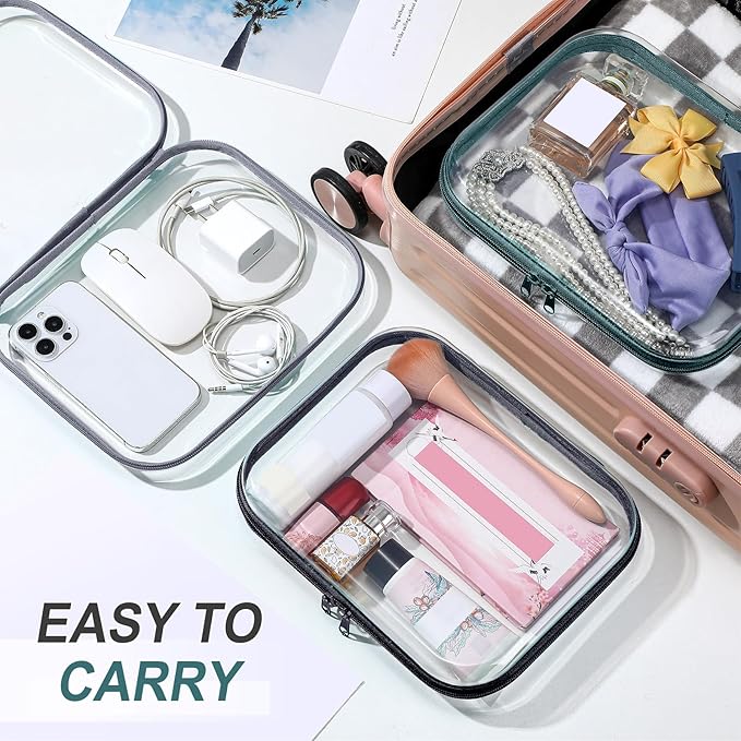 Sanwuta 6 Pcs Clear Hard Zipper Case Hard Plastic Zipper Pouches Transparent Makeup Bag Pencil Pouches for Travel Snacks Christmas Trinket Storage Organizer Box(Blue-green,7.87 x 5.9 x 2 Inch)
