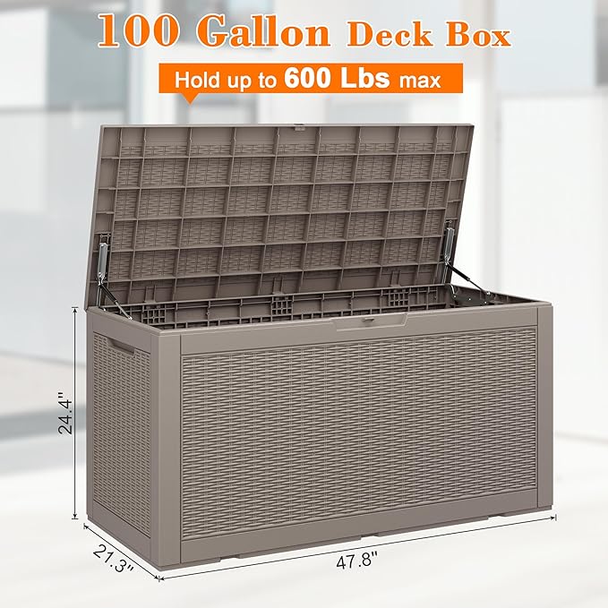 100 Gallon Outdoor Storage Box Waterproof, Resin Deck Box Doubles as 2-Person Bench Seat, Lockable Patio Storage Boxes Outdoor Waterproof for Furniture, Gardening Tools, Grey