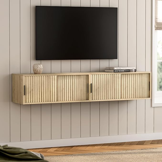 Fluted Floating Nightstand Set of 2 Modern Large TV Stands Wall Mounted Bedside Tables with Sliding Doors Storage Cabinet for Living Room, Bedroom Light Oak