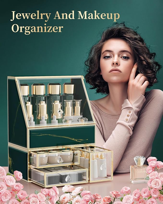Makeup Organizer Countertop,Green Makeup Organizer with Drawer, Skincare Holder for Bathroom Countertop,Cosmetic Display Case for Dresser.