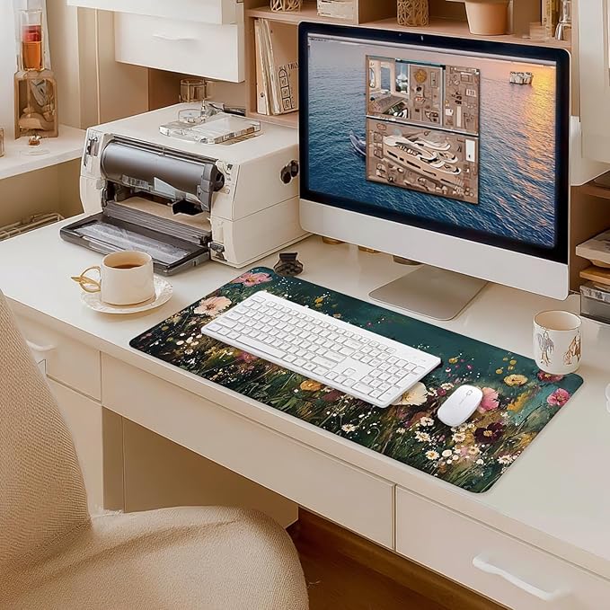 Vintage Wildflower Large Mouse Pad 31.5x15.7inch, Retro Floral Large Extended Computer Desk Mat Mousepad for Keyboard and Mouse, Floral Desk Accessories