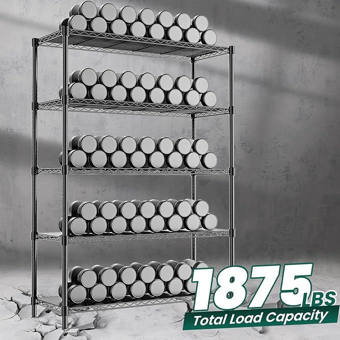 48" W Storage Shelves 5-Tier Wire Shelving, 1875LBS Adjustable Metal Shelving with 5 Shelf Liners, Heavy Duty Steel Wire Rack for Garage Commercial Pantry Kitchen, 48" W x 18" D x 72" H, Black