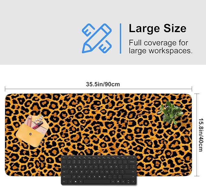 Leopard Print Mouse Pad – Large Extended Desk Mat 35.43 x 15.75 in – Bold Cheetah Animal Pattern, Non-Slip Rubber Base, Waterproof Surface, Fashionable Keyboard & Mouse Pad for Office, Home, or Gaming