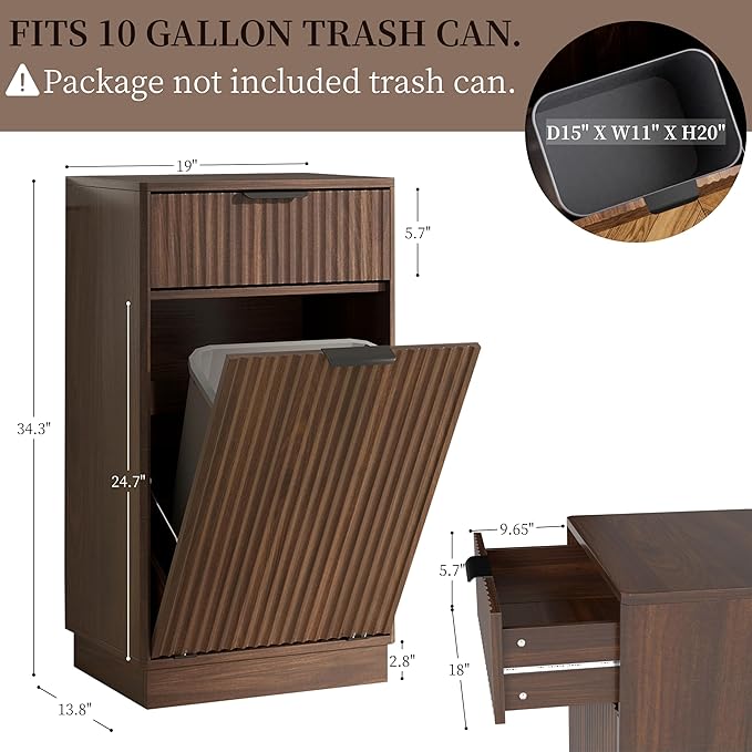 Tilt-Out Trash Cabinet with 10-Gallon Capacity, Walnut Laundry Hamper Cabinet, 34.3 x 19 x 13.8 inches, Wave-Textured Front.
