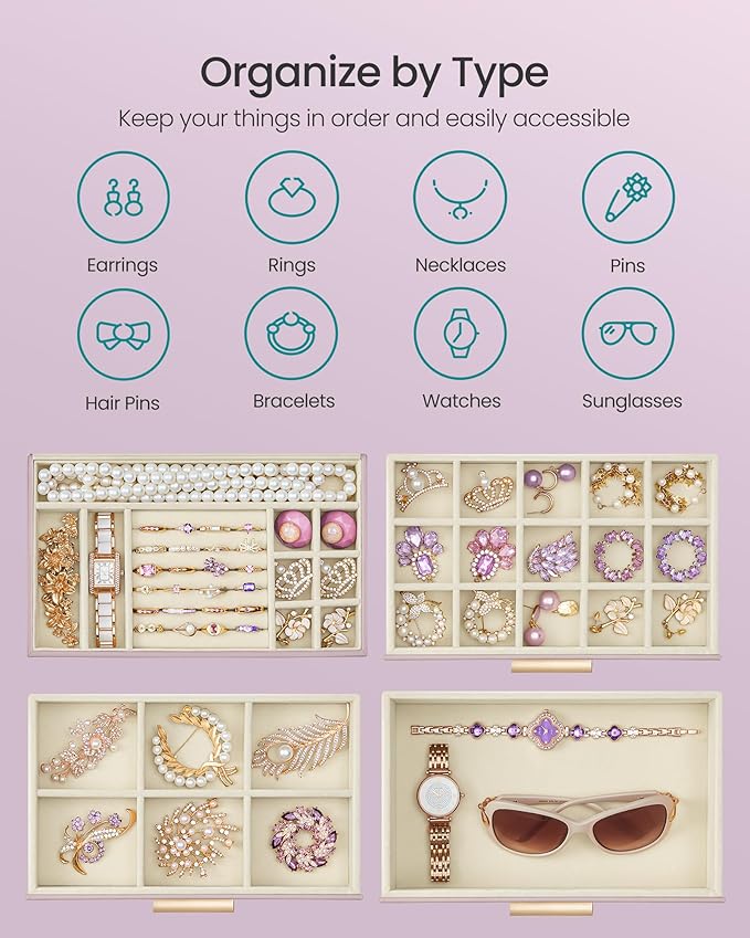 SONGMICS Jewelry Box Organizer with Glass Lid, 4-Layer Jewelry Storage, with 3 Drawers, Modern Style, Christmas Gift, 6 x 9.9 x 8.5 Inches, Lavender Purple and Gold Color UJBC161P01