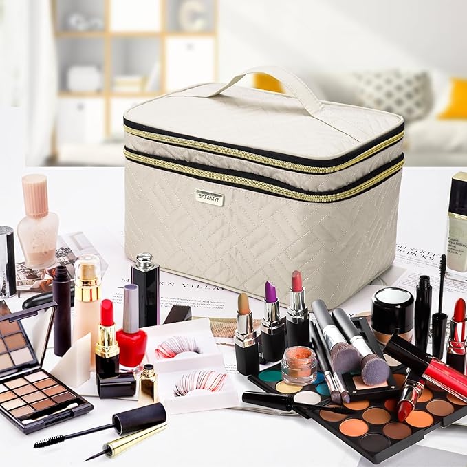 8.8L Double Layer Travel Makeup Bag With Mirror For Women, Large Cosmetic Case, Organizer for Travel-Size Accessories Bottles, Brushes,and Skin Care Products, 2.33 GAL, Beige