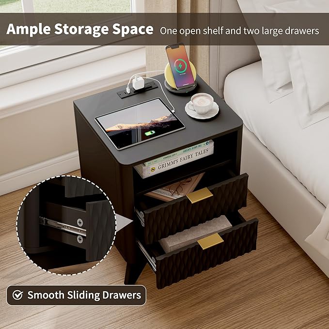 Fluted Nightstand with Charging Station, 18" Modern End Table with Storage Drawers, Bedside Table for Bedroom (Black)