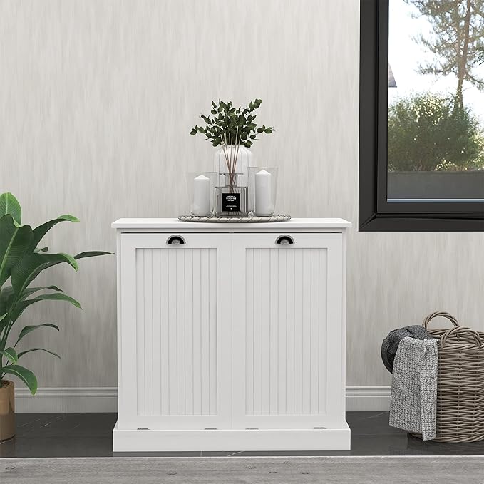 KEIKI Double Tilt-Out Laundry Hamper Cabinet with Removable Bags, Hidden Laundry Organizer for Bathroom or Laundry Room Cabinets, White