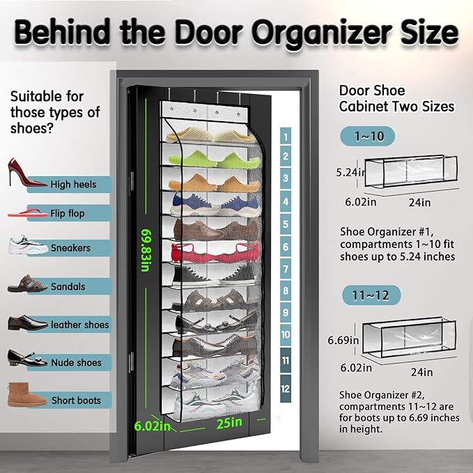 Over The Door Shoe Organizer with 12 Large Breathable Pockets - Durable Hanging Storage for the Entire Family's Shoes - White