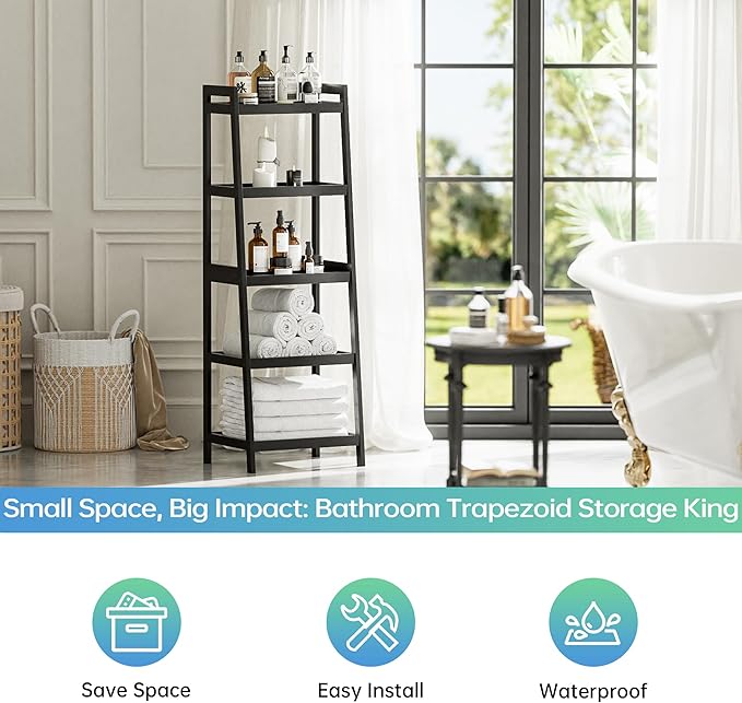 SMIBUY Bamboo Ladder Bookcase, Bathroom Storage Rack Organizer, 4 Tier and 5 Tier Freestanding Plant Display Stand Space Saver Shelves for Bedroom, Kitchen, Balcony (Black, 5 Tiers (50" H))