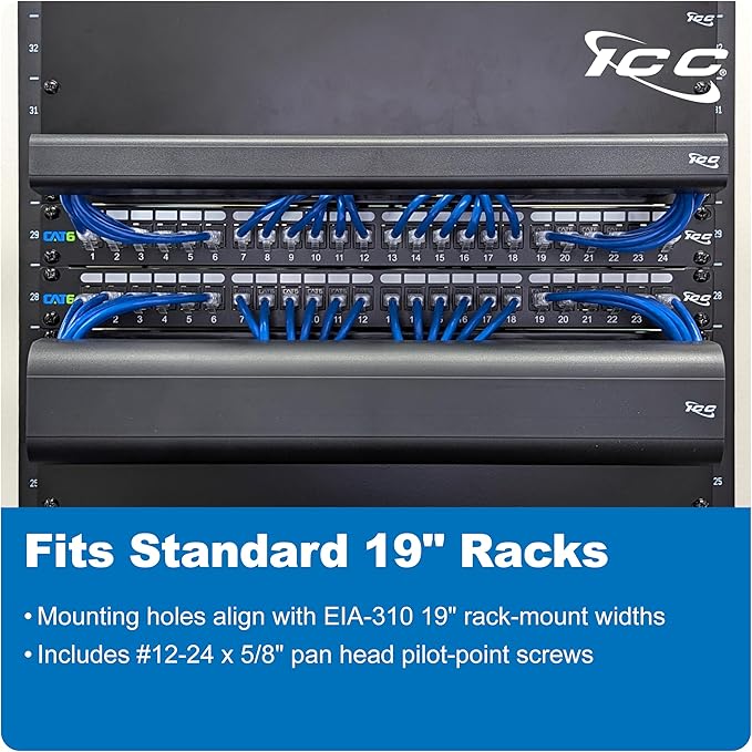 ICC 1U Ring Cable Manager Panel with Cover, Plastic with Metal Back Frame, 4" D-Rings, Horizontal Cable Management, Rackmount for 19” Network Racks, Black, Single Pack