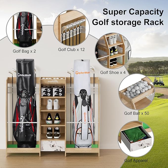Golf Bag Storage Organizer for Garage, Premium Wooden 2 Golf Bags Rack with Drawer, Easy Assemble Golf Club Stand/Holder Suitable for Garage Home Simulator and Office