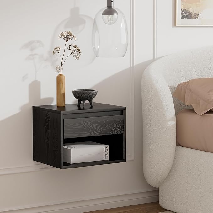 Floating Nightstand Set of 2, Wall Mounted Bedside Table with Storage Drawer and Open Shelf, Modern Night Stand with Handless Design for Living Room, Bedroom, Dorm, Black