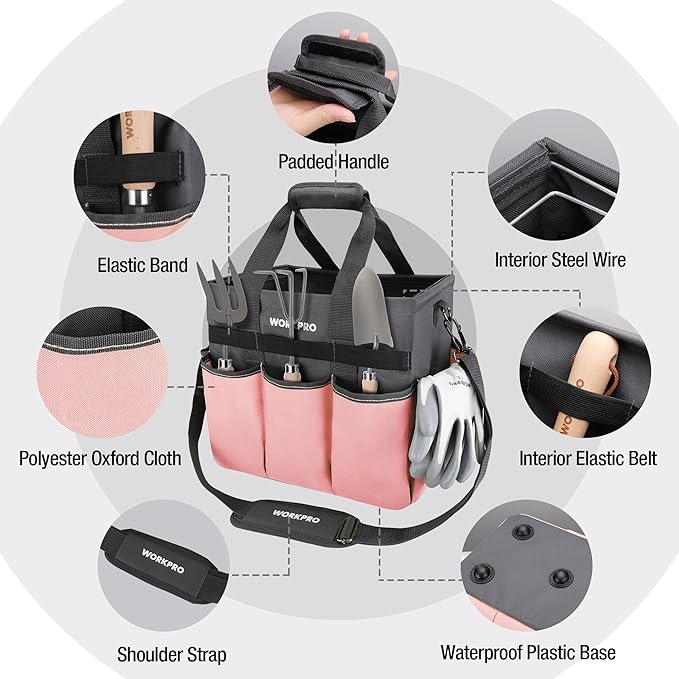 WORKPRO Garden Tool Bag, Heavy Duty Gardening Tote Bag Organizer with 10 Pockets and Long Adjustable Shoulder Strap, Standable Garden Home Tool Kits Organizer, Pink