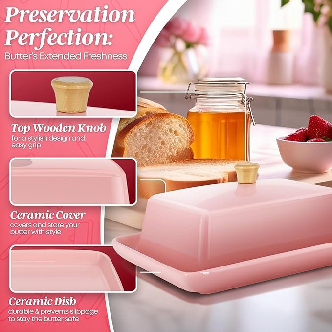 Flexzion Ceramic Pink European Butter Dish with Lid for Countertop (8 Inch) - Wide 2 Stick Double Butter Holder for Counter, Cream Cheese Container Storage Keeper