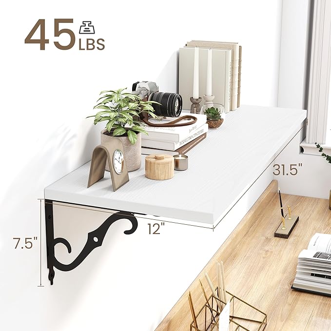 White Floating Shelves for Wall, 32"W x 12"D Wall Shelves, 12 Inch Deep Floating Shelf with Bracket, 32 Inch Floating shelves Set of 2, Rustic Shelves for Living Room, Bathroom and Kitchen, White